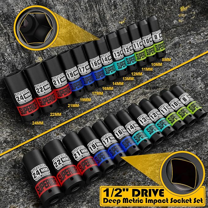 14 Piece 1/2" Drive Impact Socket Set, 8 mm - 24 mm Deep Socket, Metric Socket Set With Adapter & Quick-Release Holder, 6 Point, CR-V, Automotive Maintenance, Machinery Manufacturing