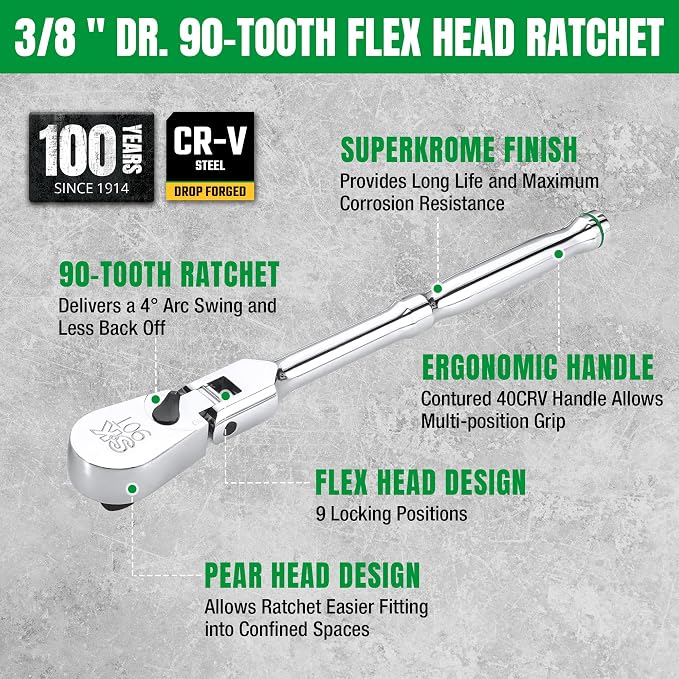 SK 3/8" Drive Flex Head Ratchet, Swivel Ratchet Handle, 90-Tooth Pear Head | Premium CR-V Steel, Reversible Design, with Contoured Handle