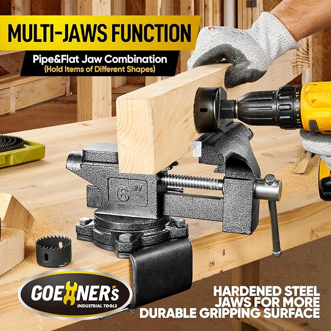 Bench Vise 6", Vice for Workbench with Heavy Duty Forged Steel Construction, Built-in Pipe Jaw and Swivel Base, Table Vise for Woodworking, Home Workshop Use and DIY Job