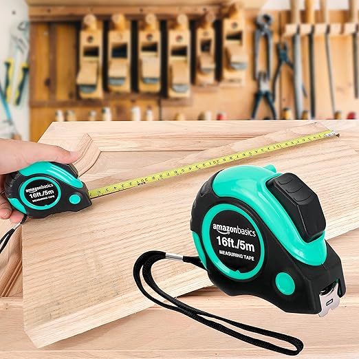 Amazon Basics Retractable Tape Measure with Metric and SAE Measurements, 16 ft / 192 in, Turquoise