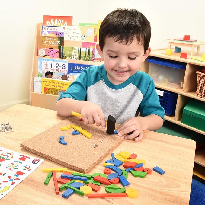 Hammer & Nail Design Kit – Montessori STEM Engineering & Geometry Building Set with 60 Wooden Tiles, Tacks, Hammer & Reusable Cork Board