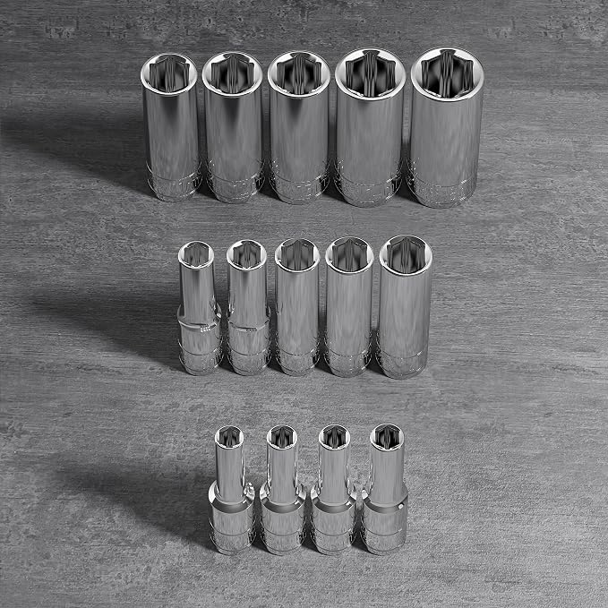 Olsa Tools 1/4-Inch Drive SAE Deep Socket Set - 14pc | 6-Point Chrome Vanadium Sockets, 4mm–15mm, No Skipped Sizes - Professional-Grade SAE Socket Sets - Part: 1327