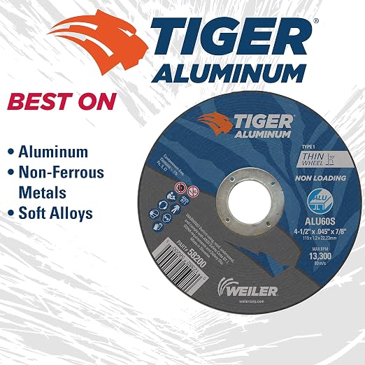 Weiler 58200 4-1/2 Inch Cutting Wheel, Tiger Aluminum Non-loading Contaminant-free High Performance Cutting, .045" ALU60S Type 1 7/8" Arbor, Pack of 25