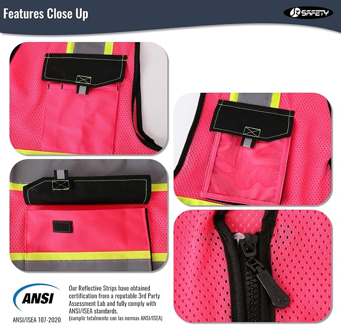 JKSafety Hi Vis Reflective Safety Vests for Men Women High Visibility Vest with Pockets Mesh Fabric Construction Safety Apparel Neon Vest for Work (220-Pink S)