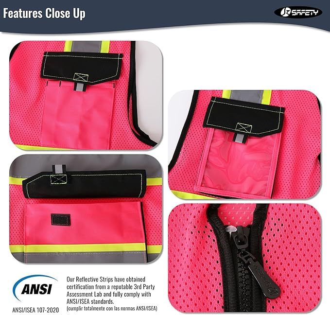 JKSafety Hi Vis Reflective Safety Vests for Men Women High Visibility Vest with Pockets Mesh Fabric Construction Safety Apparel Neon Vest for Work (220-Pink S)
