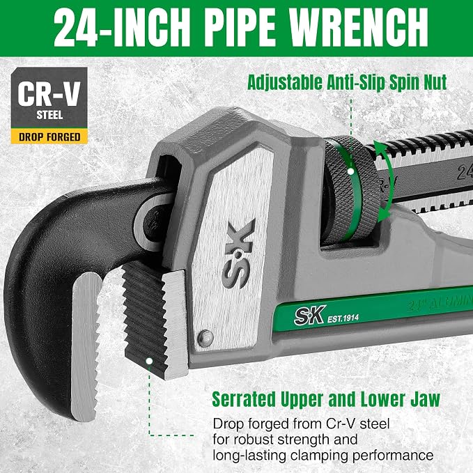 SK 24'' Pipe Wrench, Adjustable Plumbers Wrench, Aluminum Plumbing Wrench | Large Jaw Capacity 1/2'' to 3'', Lightweight I-Beam Handle, Serrated Jaw for Anti-Slip Grip, Drop-Forged Cr-V Steel Head