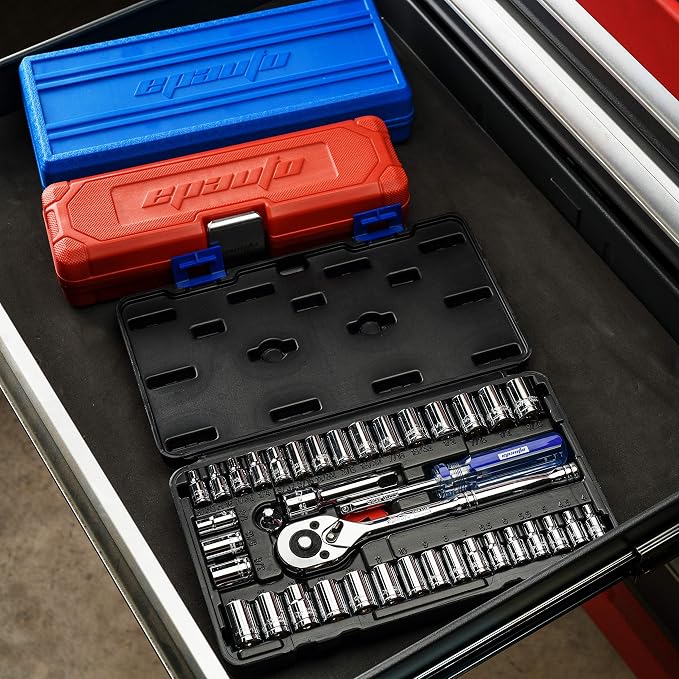 EPAuto 40 Pieces 1/4-Inch & 3/8-Inch Drive Socket Set, 72 Tooth Ratchet