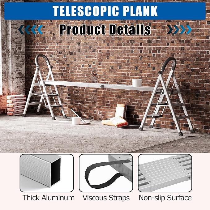 Aluminum Telescoping Work Plank for Ladders, Adjustable Aluminum Plank,6-9ft,440lbs Capacity,12.5" Wide,Anti-Slip Platform Ideal for Home Renovation and Construction
