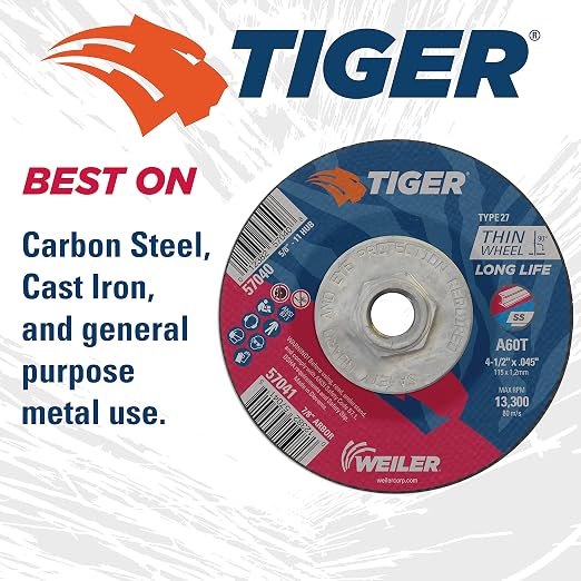 Weiler 57040 4-1/2 Inch Cutting Wheel, Tiger AO Steel/Metal Long Life Performance Cutting, .045" A60T Type 27 5/8"-11 Hub, Pack of 10