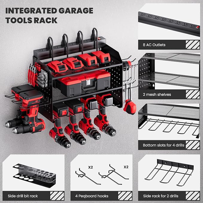 TRZZ Power Tool Organizer Wall Mount, 3-Layer Charging Station with 8 Outlets, 6 Drill Holders and Drill Bit Rack, Efficient and Organized Storage for Garage, Workbench, and Workshop (Black)