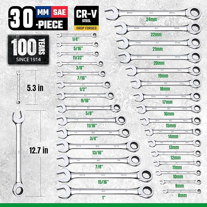 SK Ratchet Wrenches Set, SAE 1/4" to 1", Metric 8 to 24mm, 30-Piece | Ratcheting Wrench Set, Combination Wrench Set, 72-Tooth, Premium CR-V Steel, Chrome Plating Surface, Roll-Up Pouch