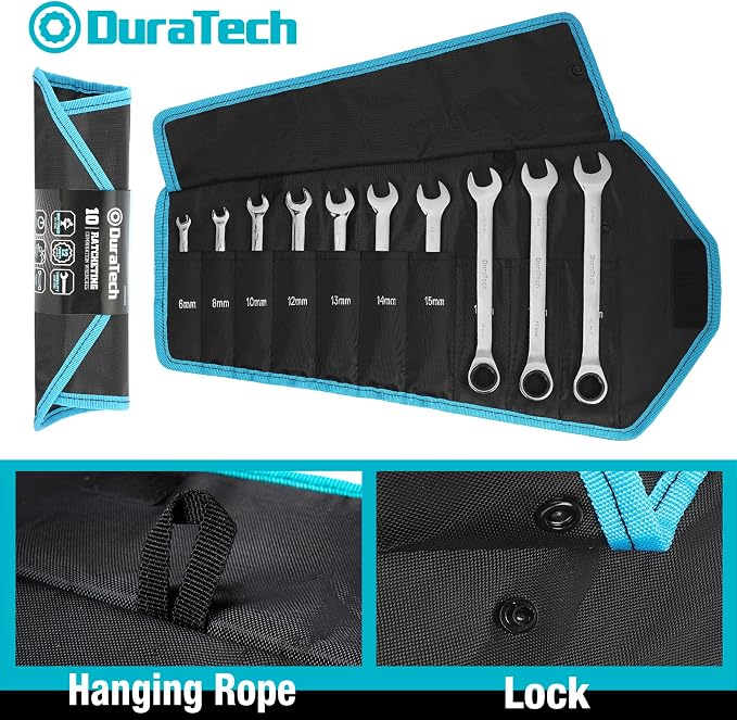 DURATECH 10-Piece Ratcheting Wrench Set, Metric, 6mm-18mm | 6mm, 8mm, 10mm, 12mm, 13mm, 14mm, 15mm, 16mm, 17mm, 18mm, Combination Wrench Set, CR-V Steel, with Pouch