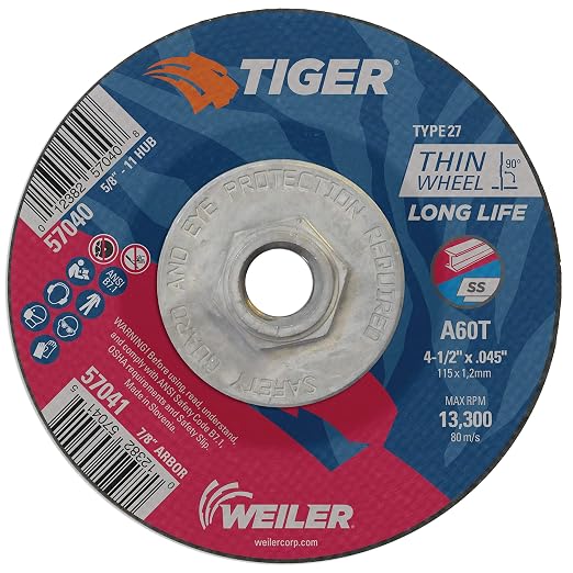 Weiler 57040 4-1/2 Inch Cutting Wheel, Tiger AO Steel/Metal Long Life Performance Cutting, .045" A60T Type 27 5/8"-11 Hub, Pack of 10