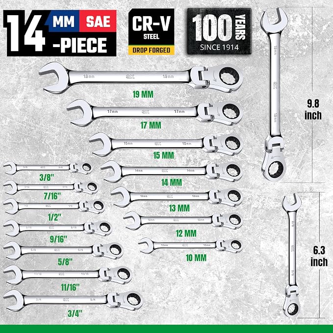 SK Flex Head Ratcheting Wrench Set, SAE 3/8"-3/4", Metric 10-19mm, 14-Piece | Ratchet Wrenches Set 72-Tooth, Combination Wrench Set, Chamfered Head Design, Premium CR-V Steel, Roll-Up Pouch
