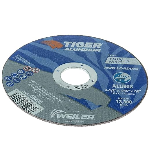 Weiler 58200 4-1/2 Inch Cutting Wheel, Tiger Aluminum Non-loading Contaminant-free High Performance Cutting, .045" ALU60S Type 1 7/8" Arbor, Pack of 25