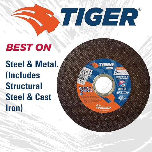 Weiler 58005 4-1/2 Inch Cutting Wheel, Tiger Zirc Steel/Metal Ultracut 1 mm Fast Cut & Long Life High Performance Thin Cutting, 1mm Z60T Type 1 7/8" Arbor, Pack of 50