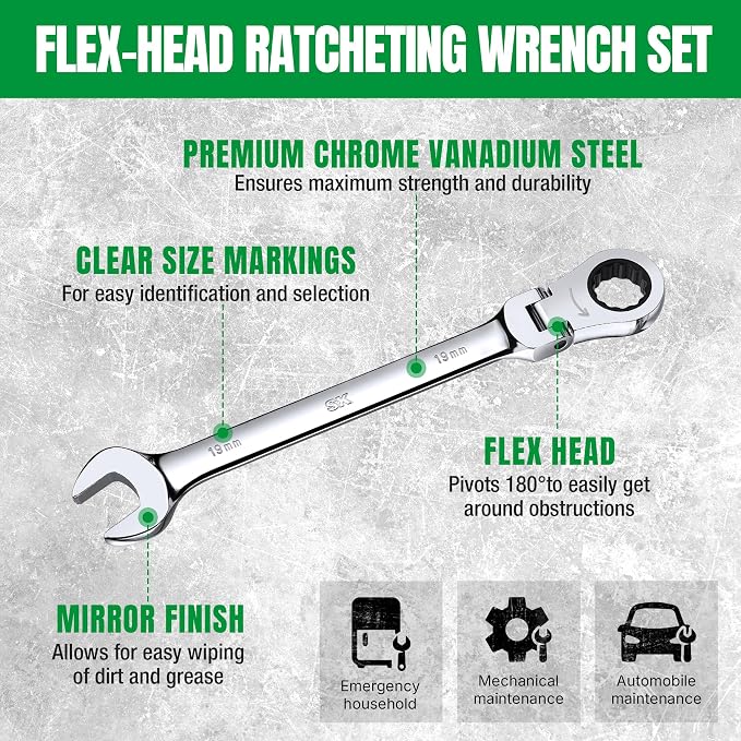 SK Flex Head Ratcheting Wrench Set, Metric 8-25mm, 16-Piece, 72-Tooth | Ratchet Wrenches Set 72-Tooth, Combination Wrench Set, Chamfered Head Design, Premium CR-V Steel, Roll-Up Pouch