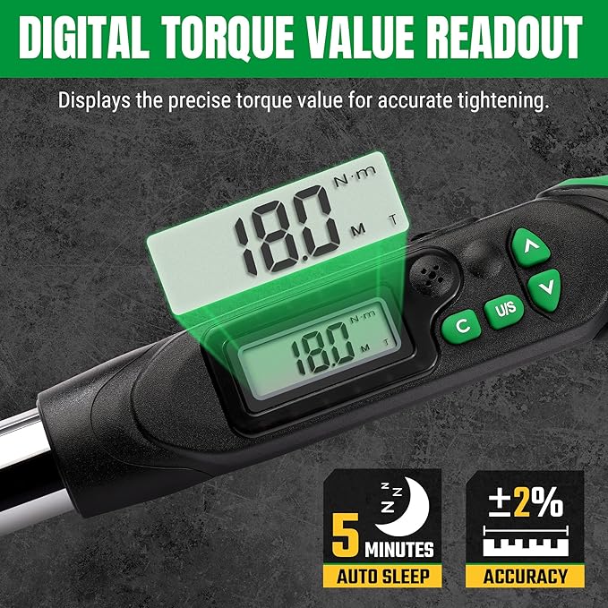 SK 3/8" Drive Digital Torque Wrench, 6.8 to 135 N-M, LED Display | Torquimetro, Four Units of Measure & Flash Notification