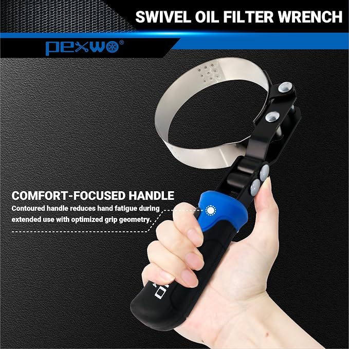Small Swivel Oil Filter Wrench – Medium Size Strap Wrench for Cars & Motorcycles, Fits 2-3/4" to 3-1/4" Filters, Anti-Slip Removal Tool with Ergonomic Handle