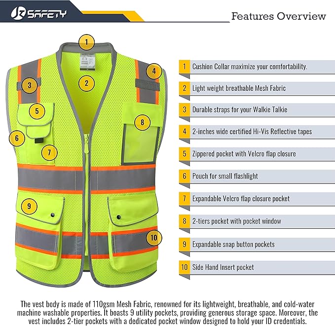 JKSafety 9 Pockets Hi-Vis Safety Vest Breathable Mesh Fabric Cushioned Collar Work Utility PPE Lightweight Industrial Work Gear ANSI/ISEA compliant (101-Yellow L)
