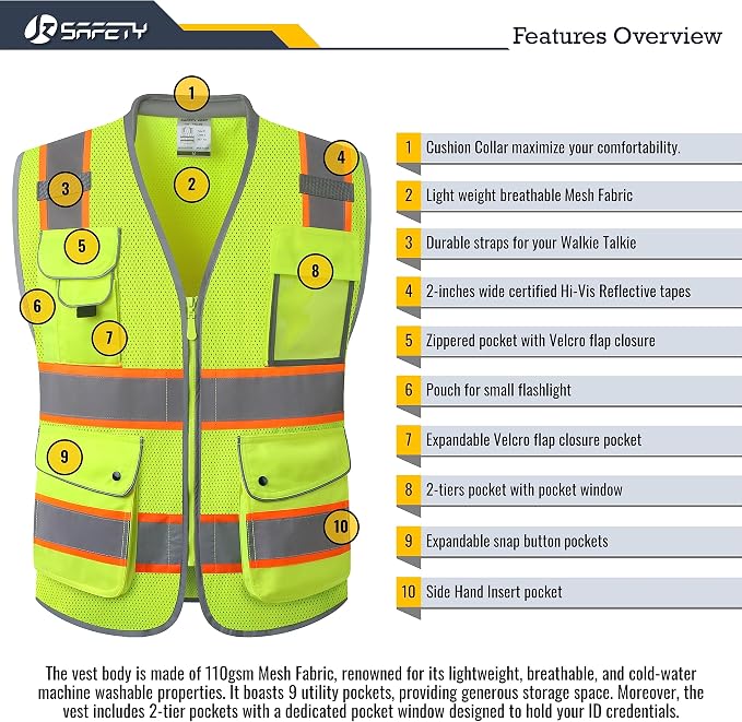 JKSafety 9 Pockets Hi-Vis Safety Vest Breathable Mesh Fabric Cushioned Collar Work Utility PPE Lightweight Industrial Work Gear ANSI/ISEA compliant (101-Yellow L)