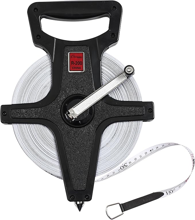 Champion Sports Open Reel Measuring Tapes – Durable Hand Crank with Metal Spike, Dual-Sided Feet & Meters, Perfect for Track & Field and Long Jump, 200 Feet/60 Meters