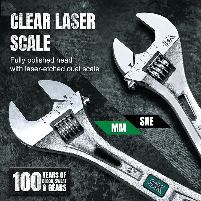 SK 6-Inch Adjustable Wrench, 15/16" Jaw Capacity, SAE&Metric Scales | X-Frame Handle, Precision Jaw, Heat Treated CR-V Steel, Chrome-Plated Rust Resistant Finish