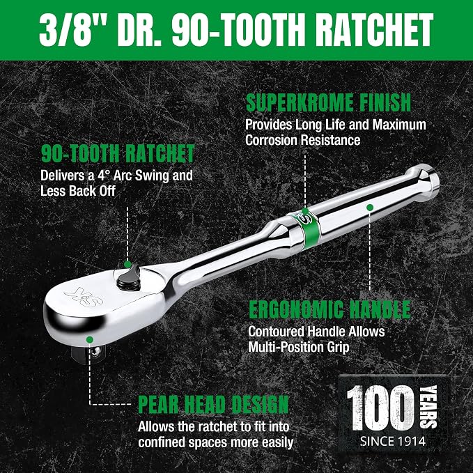 SK 3/8" Drive Ratchet Handle, Pear Head, 90-Tooth Ratchet, Alloy Steel | Reversible Switch for One-Handed Operation, Heat Treated SuperKrome Finish,Enclosed Head with Contoured Handle