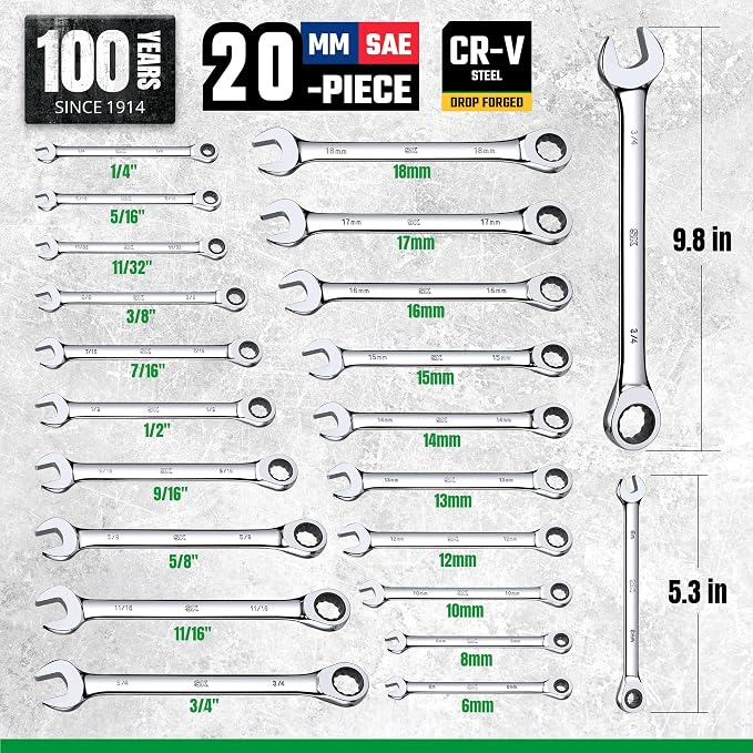 SK Ratchet Wrenches Set, SAE 1/4" to 3/4", Metric 6-18mm, 20-Piece | Ratcheting Wrench Set, Combination Wrench Set, 72-Tooth, Premium CR-V Steel, Chrome Plating Surface, Roll-Up Pouch