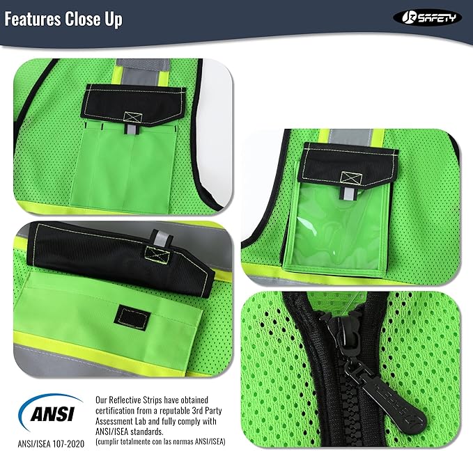 JKSafety Hi Vis Reflective Safety Vests for Men Women High Visibility Vest with Pockets Mesh Fabric Construction Safety Apparel Neon Vest for Work (220-Green XL)