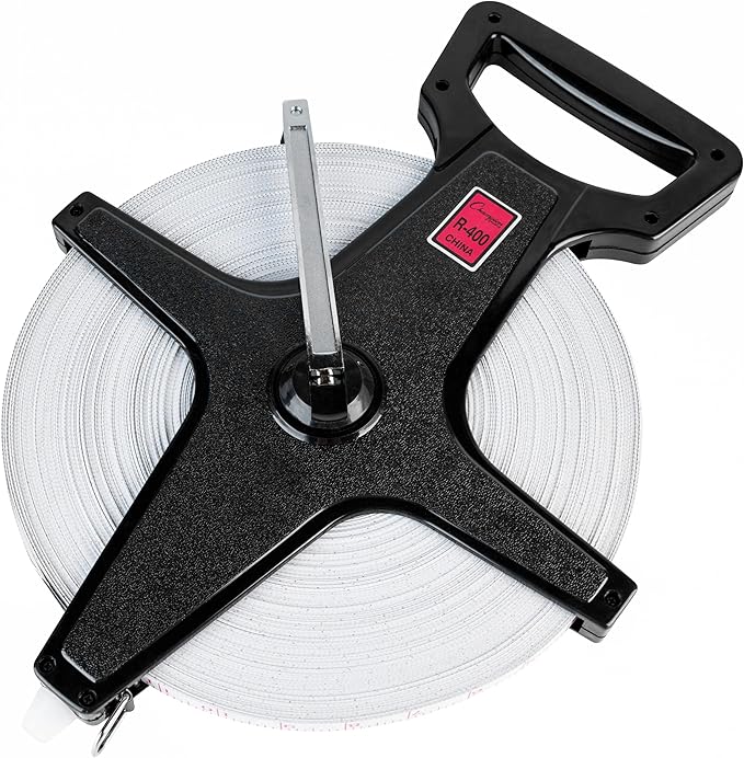 Champion Sports Open Reel Measuring Tapes – Durable Hand Crank with Metal Spike, Dual-Sided Feet & Meters, Perfect for Track & Field and Long Jump, 400 Feet/120 Meters