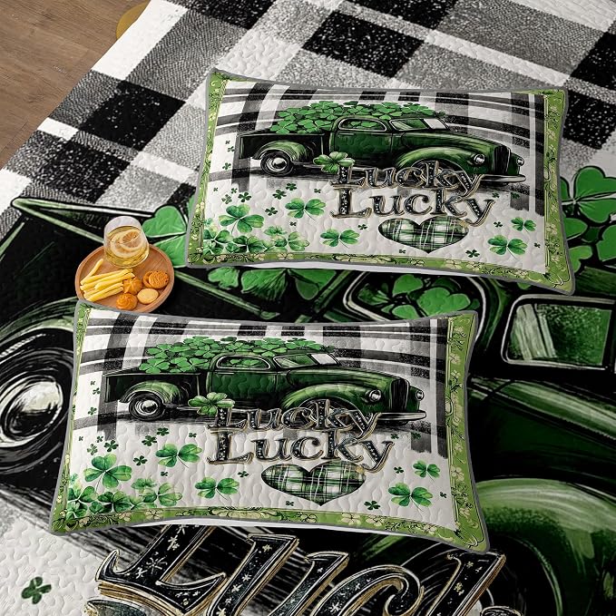 St. Patrick's Day Patchwork Quilt Set King Shamrock Car 3pcs Bedding Set with 2 Pillow Shams Soft Lightweight Coverlet Comforter Home Decor Gift for Boys (Shamrock Car, King(90"x104")) | Breathable
