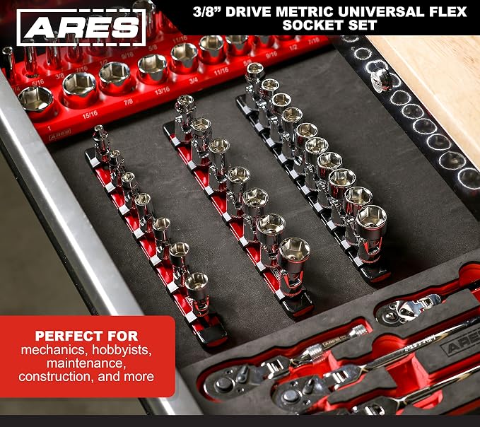 ARES 39015 10-Piece 3/8-Inch Drive Metric Universal Flex Socket Set | 6-Point Sockets from 10mm to 19mm; Universal Joint Flex Design For 360 Degree Access