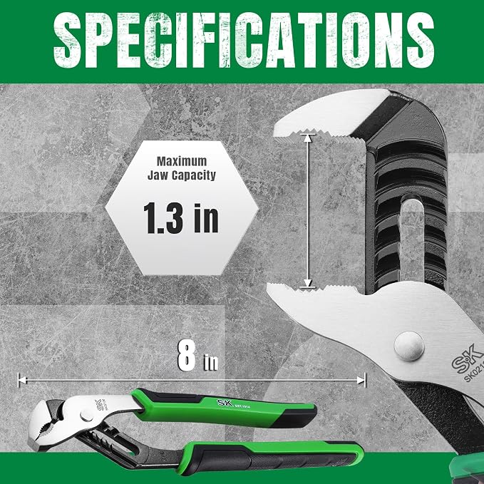 SK 8'' Water Pump Pliers, Serrated Jaws Groove Joint Pliers, CR-V Steel | 5 Positions UP to 1.3'' Jaw Capacity, Ergonomic Anti-slip Handle for Comfortable Grip