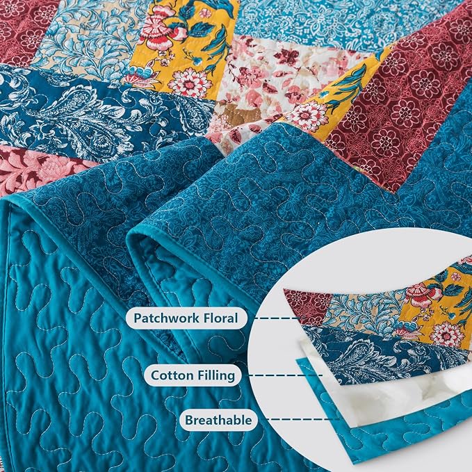 BEDIFANY Cotton California King Quilt Set - Farmhouse Bedspread with Vibrant Floral Pattern, 3-Piece Lightweight Oversized King Size Coverlet (108x118 Inch), All Seasons Multicolor Quilt Bedding Set