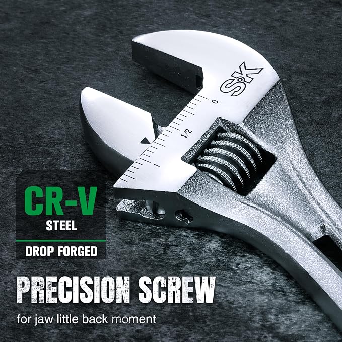 SK 8-Inch Adjustable Wrench, 1-1/4" Jaw Capacity, SAE&Metric Scales | X-Frame Handle, Precision Jaw, Heat Treated CR-V Steel, Chrome-Plated Rust Resistant Finish