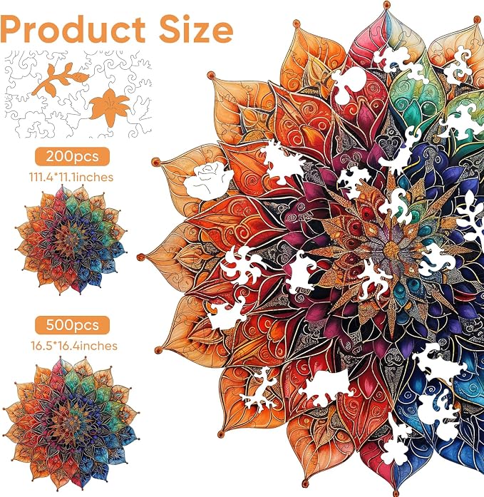 Mys Aurora Colorful Mandala Wooden Puzzles for Adults, 500 Piece Unique Shaped Wood Jigsaw Puzzles for Adults and Kids, Fun Challenging Puzzles Family Game Gift, 16.5'' x 16.4''