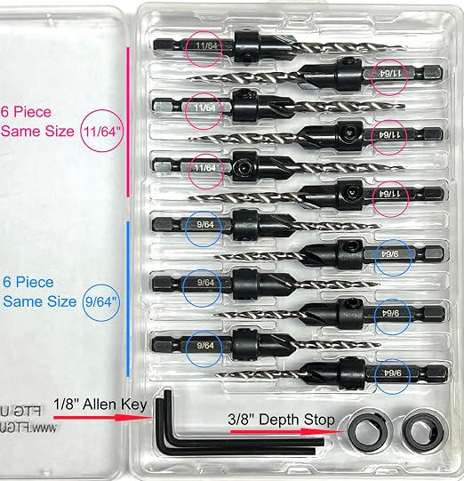 FTG USA 6 Pc #6 (9/64"), 6 Pc #8 (11/64") Countersink Drill Bit Set with Depth Stop Collar, Hex Wrench - Tapered Drill Bits for Wood