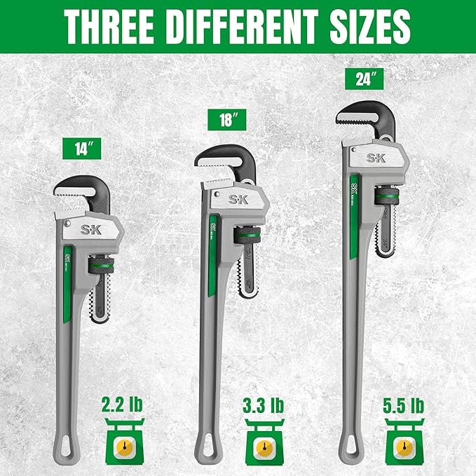 SK 18'' Pipe Wrench, Adjustable Plumbers Wrench, Aluminum Plumbing Wrench | Large Jaw Capacity 1/2'' to 2-1/2'', Lightweight I-Beam Handle, Serrated Jaw for Anti-Slip Grip, Drop-Forged Cr-V Steel Head