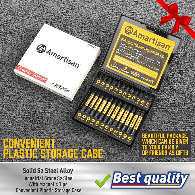 Amartisan 24-Piece Slotted Phillips Drill Bit Set, S2 Alloy Steel, Magnetic Tips, 2.3" Long With Storage box.Power Drill - Pro & DIY (24-Piece Bit Set (Slotted+Phillips))