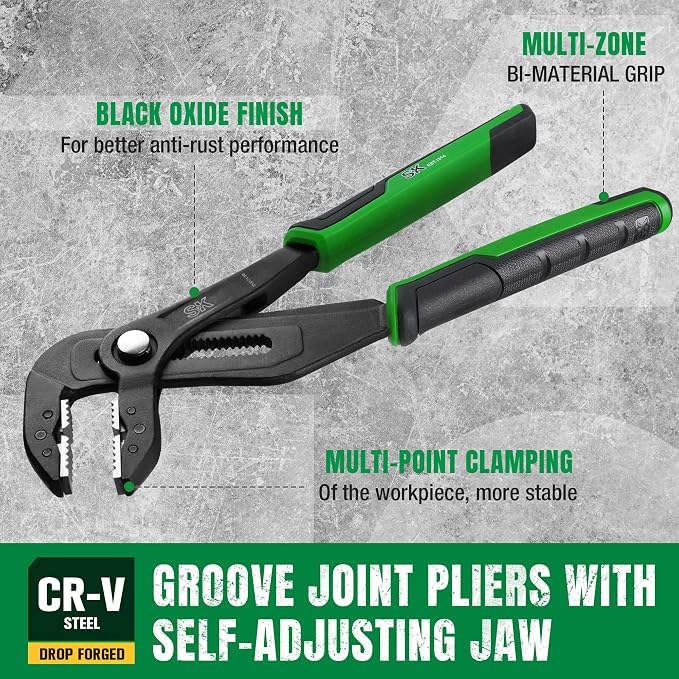 SK 10'' Water Pump Pliers, Self-adjusting Jaw Groove Joint Pliers | CR-V Steel, Precision Serrated Teeth, 21 Positions UP to 2" Jaw Capacity, with Comfortable Grips