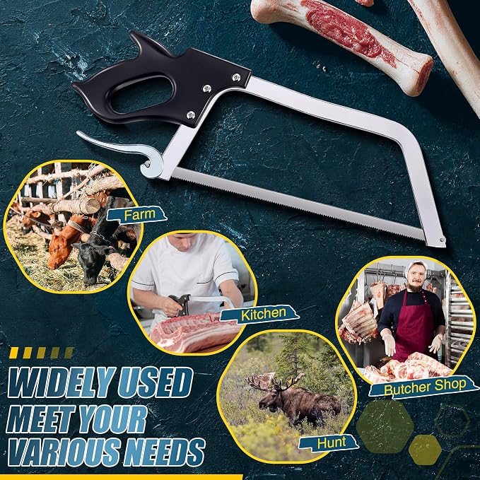 16 Inch Butcher Saw Meat and Bone, Professional Meat Processing Saw with Stainless Steel Blade, Quick Release Black Tightening Cam Comfort Handle, for Household, Processed Livestock and Game