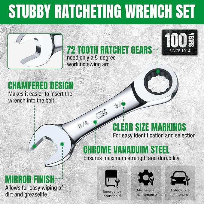 SK Stubby Wrenches Set, Ratchet Wrenches Set, 7-Piece, SAE 3/8" to 3/4" | Stubby Ratchet Wrench Set 72-Tooth, Ratcheting Combination Wrench Set, CR-V Steel, Roll-Up Pouch