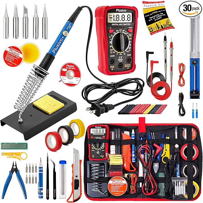 Soldering Iron Kit, 60W Soldering Iron Adjustable Temperature 30-in-1, 5 Solder Tips, Digital Multimeter, Solder Wire, Paste, Desoldering Pump, Tweezers for Electronics Hobby Enthusiast 120V US Plug