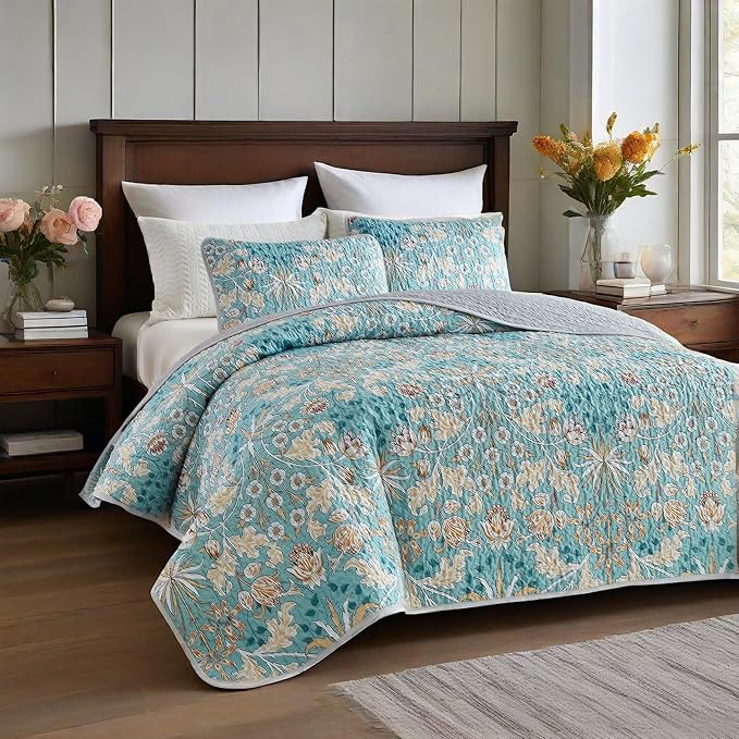 Quilts for King Bedding Set Teal Blue Bedspreads - Soft Lightweight Breathable Bedspread Comforter - Boho Cottagecore Flower Coverlet for All Season - 3 Pieces (New-Teal Blue, King)