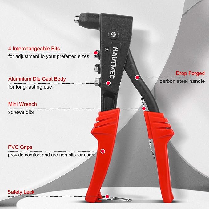 HAUTMEC Pop Rivet Gun with 4 Interchangeable Rivet Heads and Portable Wrench, Heavy Duty Durable Hand Riveter for Metal, HT0125-HR
