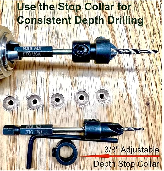FTG USA Countersink Drill Bit Set #6 (9/64") and #8 (11/64") Wood Countersink Drill Bit, Tapered Countersink Bit, Stop Collar, Hex Wrench, Woodworking Countersink Drill Bits