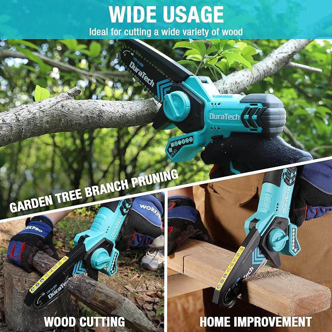DURATECH 12V Mini Chainsaw, 6 Inch Cordless Electric Wood Cutting Saw | 2 Batteries, 2 Chains, One-Hand Operation, Portable Design, Tree Pruning, Garden Maintenance, Branch Cutting, DIY Projects