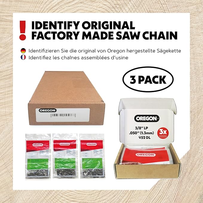 Oregon Chainsaw Chain for 14" Bar, 3/8" LP, .050" Gauge, 52 Drive Links | 3-pack low-kickback replacement saw chain, fits Earthwise, Echo, Greenworks, Homelite, Ryobi and more