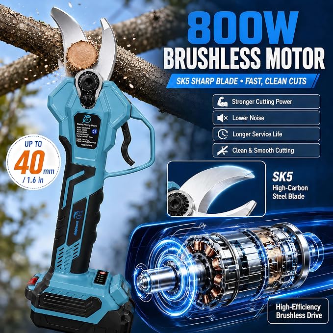 Electric Pruning Shears, 800W Brushless Electric Pruner, 1.6 Inch Cordless Tree Branch Cutter with 2 Rechargeable Batteries, SK5 Blade Battery Powered Pruning Shears for Gardening, Orchard